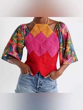 Farm Rio for Anthropologie colorful tucan tropical crochet top xs